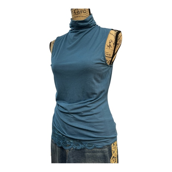 KENNETH COLE NY Vintage Teal sleeveless Turtleneck lace ruched knit top L - Picture 6 of 16